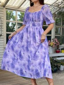 Flirla Plus Size Women's Square Neck Elegant Ombre Dress - Purple - View 5