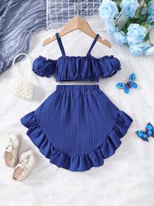 SHEIN 嬰兒女童休閒露肩短袖上衣+裙子套裝 - 寶藍色 - 查看 2