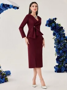 Modelyn 女款 V 領裹領長袖開叉下擺連身裙 - 紅色 - 查看 8