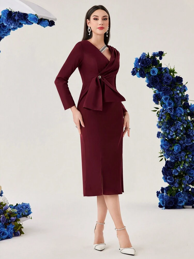 Women's V-Neck Wrap Neckline Long Sleeve Split Hem Dress
