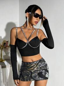 SHEIN ICON Women T-Shirts Backless Berlian buatan Zip Plain Seksi - Hitam - View 1
