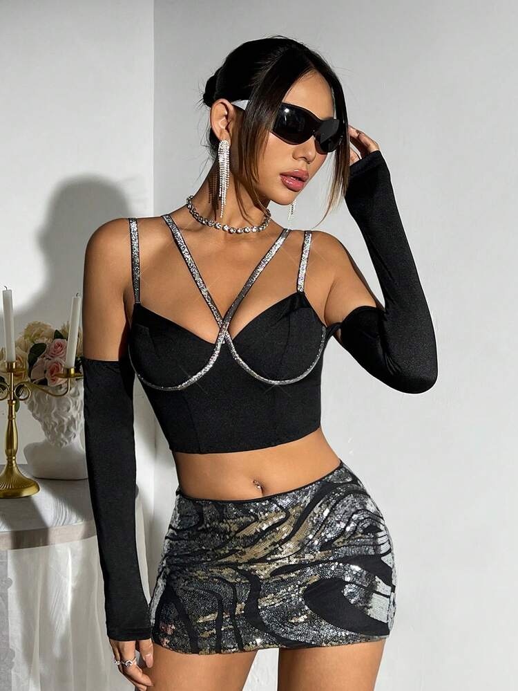 Skinny Long Sleeve T-Shirt With Rhinestone Decoration On The Breast Cup