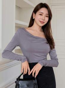 DAZY 女款純色長袖t恤 - 藍色 - 查看 3