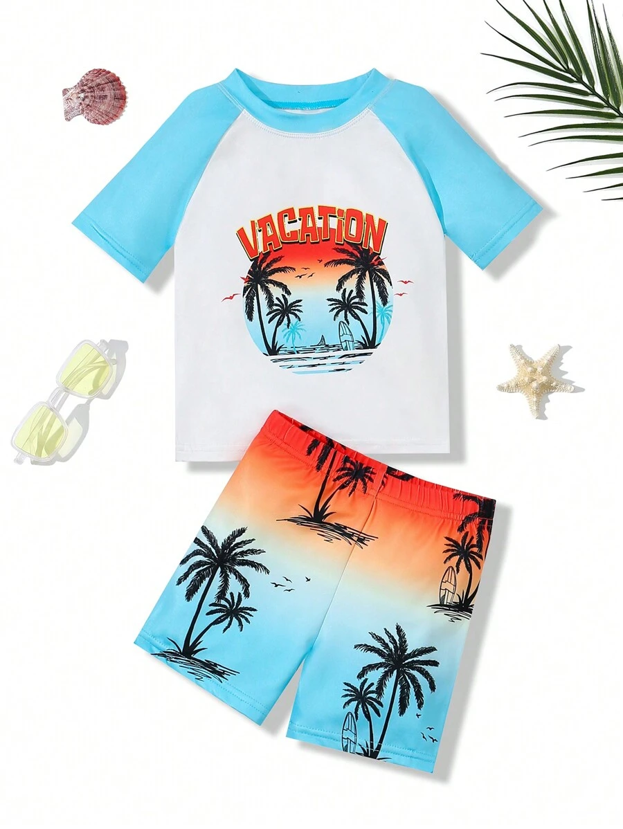 SHEIN Bộ đồ bơi 2 món áo thun tay ngắn in họa tiết cổ tròn thường ngày cho bé trai - Nhiều màu - Xem 1