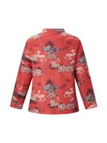 EMERY ROSE Women's Plus Size Floral Print Stand Collar Long Sleeve Jacket - Red - View 2