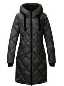 Giolshon Ladies' Fall And Winter Warm, Simple Mid-Length Commuting Quilted Puffer Jacket With Double-Headed Zipper, Hooded