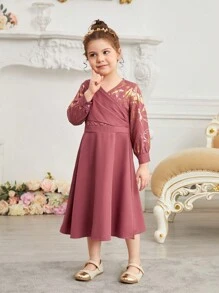 SHEIN Vestido De Princesa De Manga Larga Y Estampado De Hojas Doradas Para Niñas Jóvenes, Adecuado Para Fiestas Y Actuaciones En Verano - Naranja Coral - Ver 5