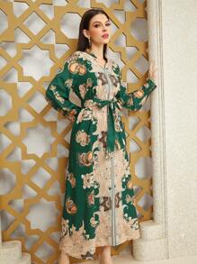Al Najma 女士長袖風卡夫坦連衣裙,帶著派斯利印花 - 綠色 - 查看 4