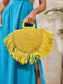 SHEIN VCAY Bolso de mano tejido simple y cotidiano de unicolor para mujer - Amarillo - Ver 4