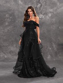 YISIKADO Women's Sparkly Cross Front Mesh Decorated Off Shoulder Evening Dress For Dance Party, Halloween - Black - View 6