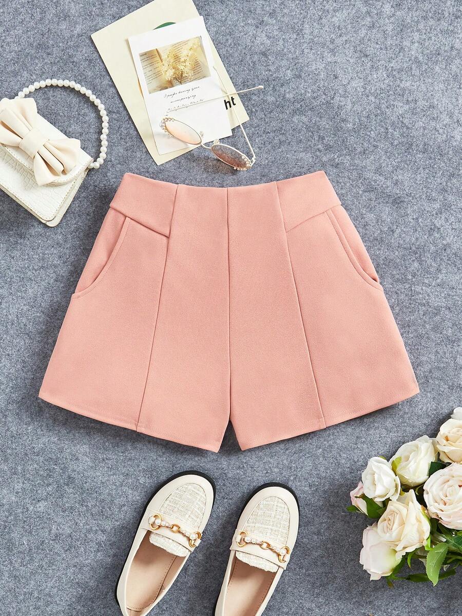 SHEIN Cô gái Tween Dệt kim Chất rắn Lỏng lẻo phù hợp Giải trí Quần short - Bụi hồng - Xem 1