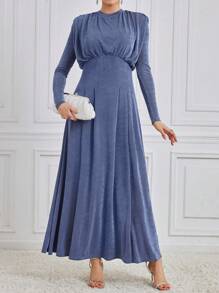 Modelyn Women's Solid Color Long Sleeve Dress Modest Dress - Dusty Blue - View 4