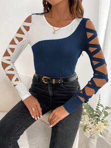 SHEIN Clasi 女款仿舊長袖拼色 T 卹 - 藍白色 - 查看 6