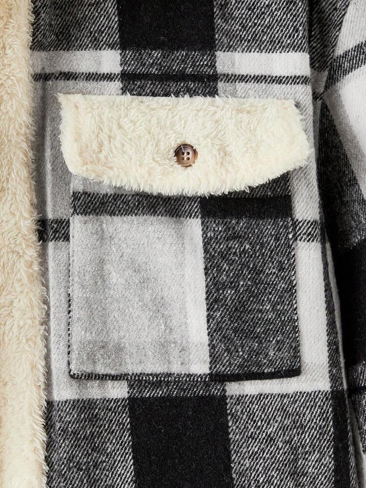 Oversized Men's Casual Patchwork Plush Grid Wool Blend Coat, For Fall Winter
