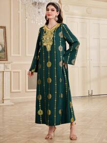 Al Najma Women's Arabic Floral Print Gold Foil Print Dress, Elegant Evening Party Dress
