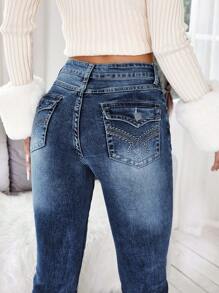 High Waist Bleach Wash Jeans - Blue - View 2