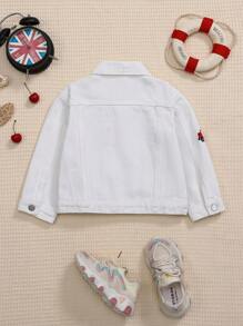 Young Boy Truck & Letter Embroidered Drop Shoulder Denim Jacket - Beige - View 2