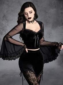 Gothic Contrast Mesh Flounce Sleeve Velvet Top - Black - View 1