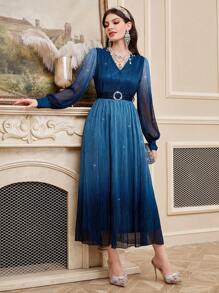 Modelyn Vestido de manga farol de color degradado para dama, elegante vestido de fiesta de noche, vestidos de noche largos - Azul Marino - Ver 3