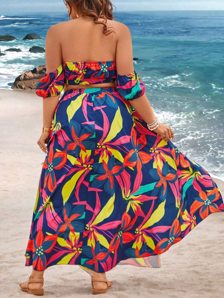 Plus Size Women's Plant Print Off Shoulder Short Sleeve Top And Double Slit Skirt Set