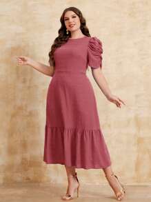 SHEIN Clasi 大碼純色打摺泡泡袖連衣裙 - 西瓜粉 - 查看 3