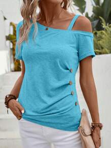 EMERY ROSE Women's Asymmetrical Neckline Button Decorated T-Shirt - Mint Blue - View 3