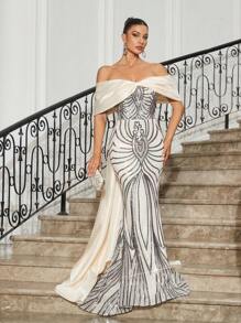 SHEIN Belle Off Shoulder Bowknot Decor Sparkly Embroidery Patchwork Satin Mermaid Evening Prom Dress For Women