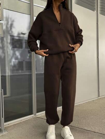 INAWLY Women's Zipper Half Placket Drop Shoulder Sweatshirt And Pants Set Fall Cloth For Women