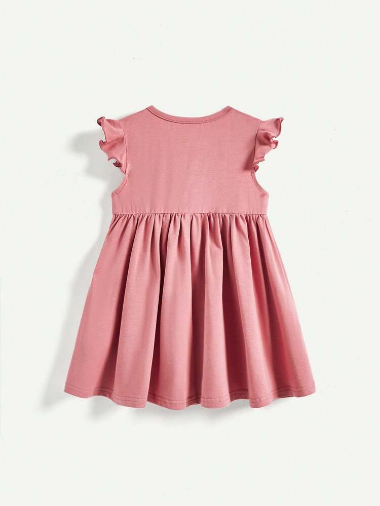 Baby Girl Cartoon Rabbit Patterned Sleeveless Dress With Ruffled Trimmed Round Neck And Waistband, 2pcs/Set