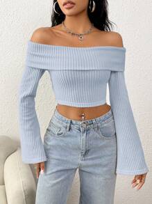 SHEIN PETITE Top Corto De Canalé Con Hombros Descubiertos Para Mujer - Neblina azul - Ver 5