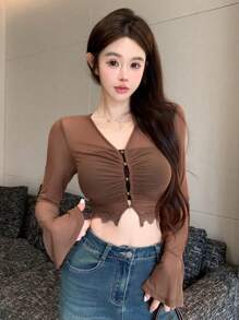 DAZY Của phụ nữ Lưới trong suốt Tay áo dài Quần skinny Áo - màu nâu - Xem 7