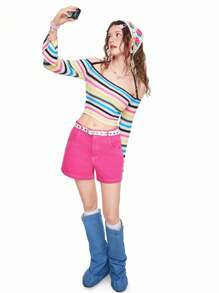 SHEINNeu Multicolor Striped Lady Halter Sweater With Off-Shoulder Neckline - Multicolor - View 4