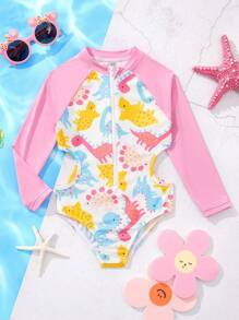 SHEIN Leap Crew Young Girl Knitted Dinosaur Pattern Round Neck Long Sleeve One-Piece Swimsuit - Pink - View 1