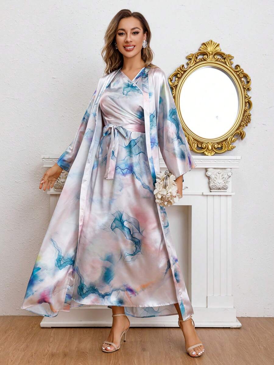 Al Najma Rochie Tie Dye Wrap Cu o haină - Roz - Vizualizare 1