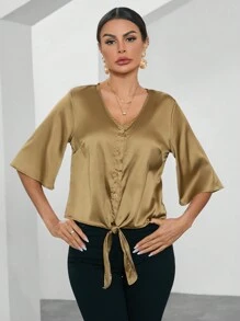 GENKIRA Women Blouses Simpul Ruffle Tombol Depan Plain Casual Anggun - Sampanye - View 1
