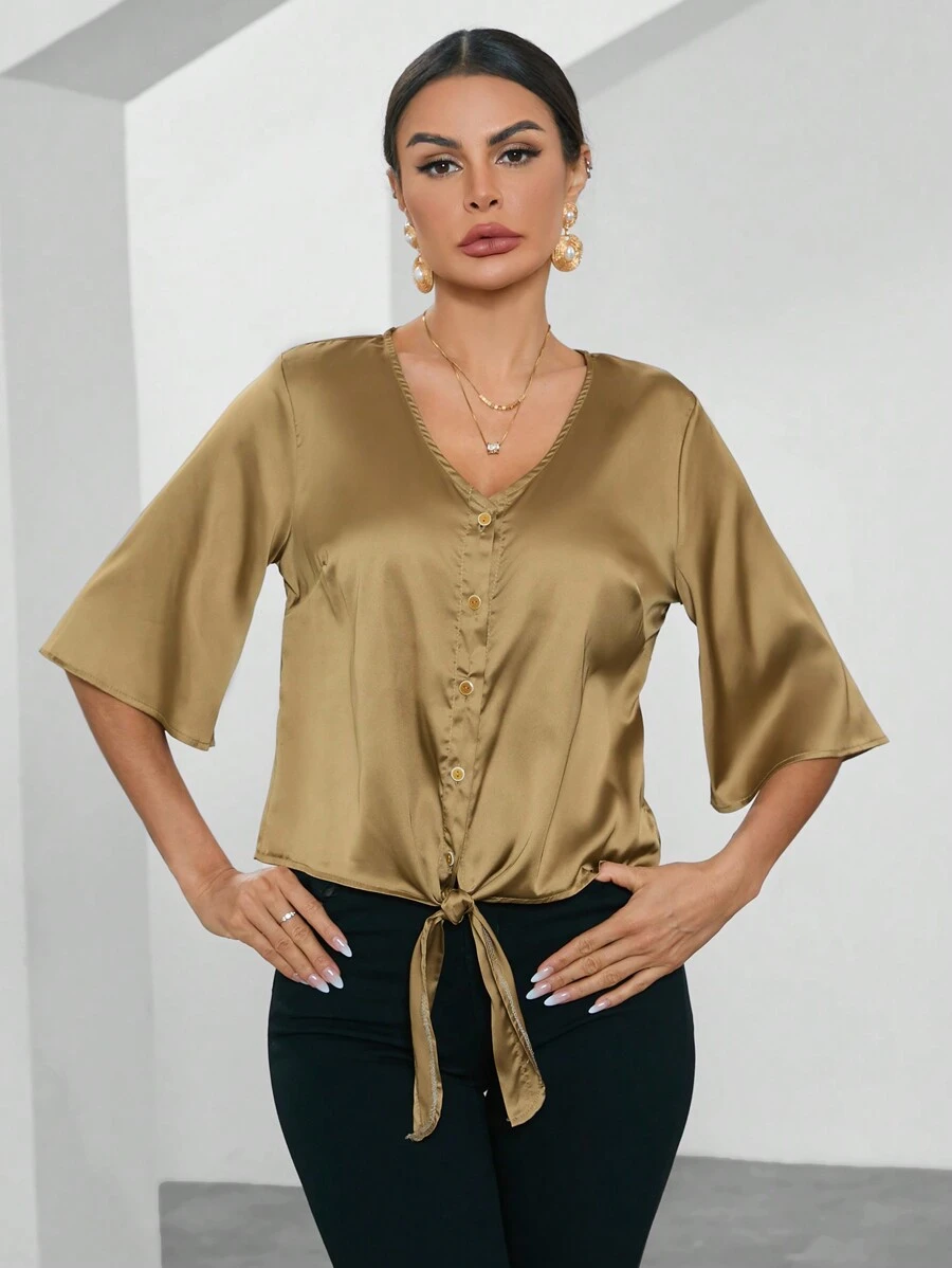GENKIRA Women Blouses Simpul Ruffle Tombol Depan Plain Casual Anggun - Sampanye - View 1