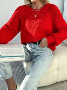 EURMUSE Plus Size Women's Round Neck Raglan Long Sleeve Sweater Pullover - Red - View 4