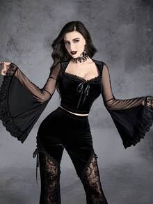 Gothic Contrast Mesh Flounce Sleeve Velvet Top - Black - View 5