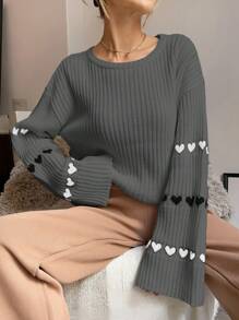 EURMUSE 女性心形紋長袖套頭衫 - 深灰色 - 查看 3