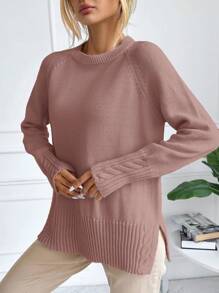 SHEIN Cottnline Raglan Sleeve Split Hem Sweater - Pink - View 3