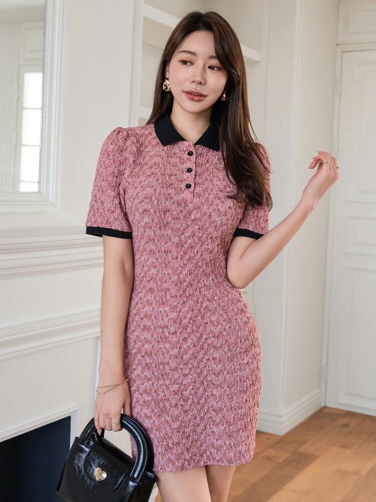 Ladies' Color Block Texture Polo Neck Dress Sundress