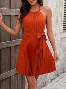SHEIN LUNE Women's Belted Halter Pleated Hem Dress - Orange - View 6
