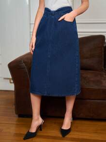 SHEIN Frenchy Women's High Waist Denim Skirt With Slit Winter - Blue - View 6