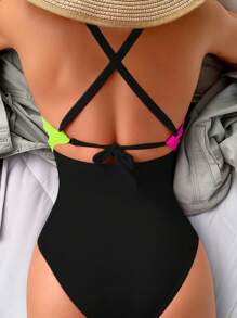 Swim Basics 夏日沙灘霓虹色拼接一件式泳衣，前扭結細節和鏤空設計，嘉年華泳裝 - 彩色 - 查看 2
