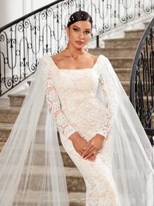 SHEIN Belle Women's Elegant Romantic Wedding Dress Square Collar Flowing Shawl Mesh Wafting Sleeve Elegant Fishtail Dress Body With White Lace Fabric Mesh Stitching Show Romantic Wedding Dress - White - View 5