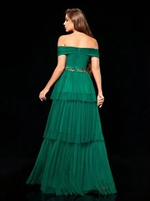 Off Shoulder Asymmetrical Layered Mesh Dress, Elegant Formal Evening Prom Wedding Guest Gown, For Graduation, Dinner Party Dress Spring - Dark Green - View 2