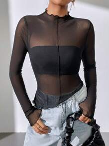 SHEIN Essnce 女士黑色半透明不对称下摆休闲长袖衬衫 - 黑色 - 查看 3