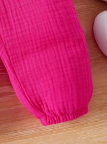 SHEIN 女嬰荷葉邊雙層薄紗連身褲帶蝴蝶結裝飾和配套頭帶 - 玫紅色 - 查看 7