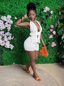 Slaydiva Women's Halter Neck Backless Halter Top And Ultra Short Shorts Set - White - View 2