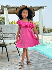 SHEIN Young Girl Urban Fashion One Shoulder Ruffle Hem Dress For Spring/Summer - Hot Pink - View 5